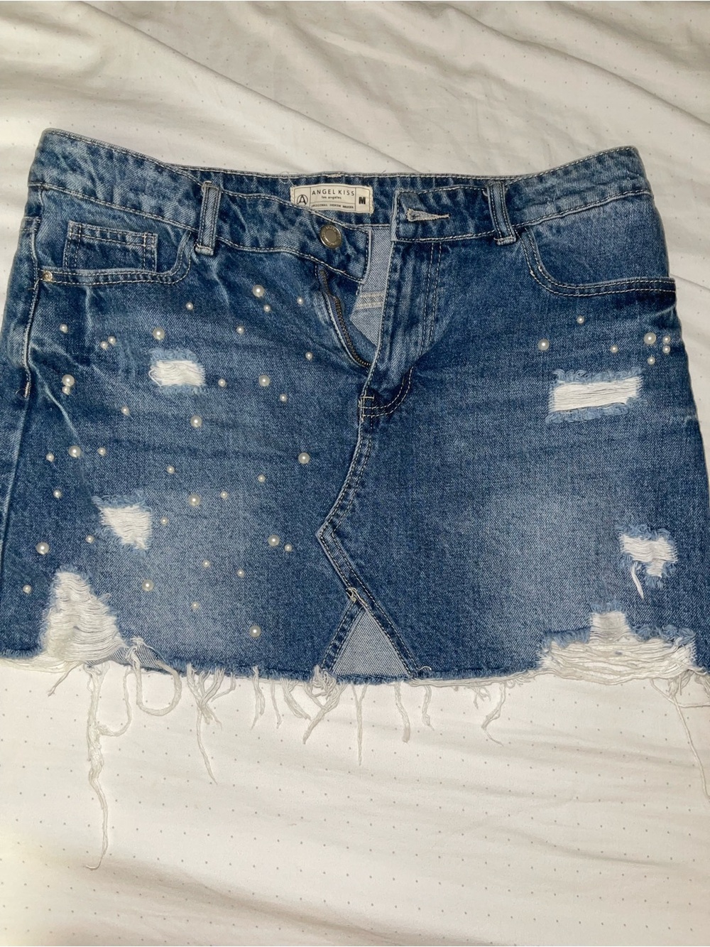 Angel Kiss Pearl-Embellished Distressed Denim Mini Skirt - Blue